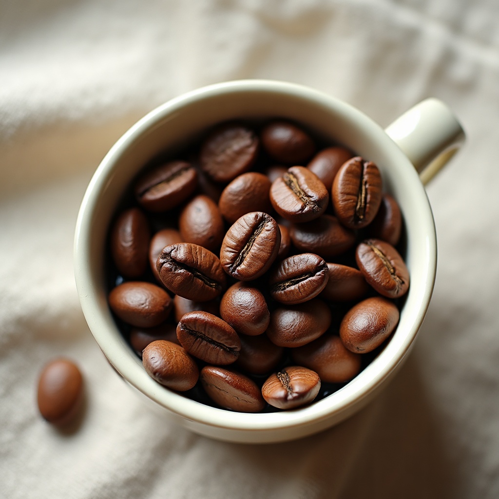 Chestnut-brown medium roast coffee beans in a cream ceramic bowl
