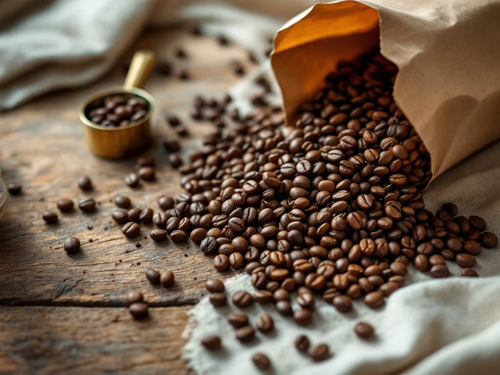 Freshly roasted coffee beans spilling from a kraft paper bag onto a wooden table