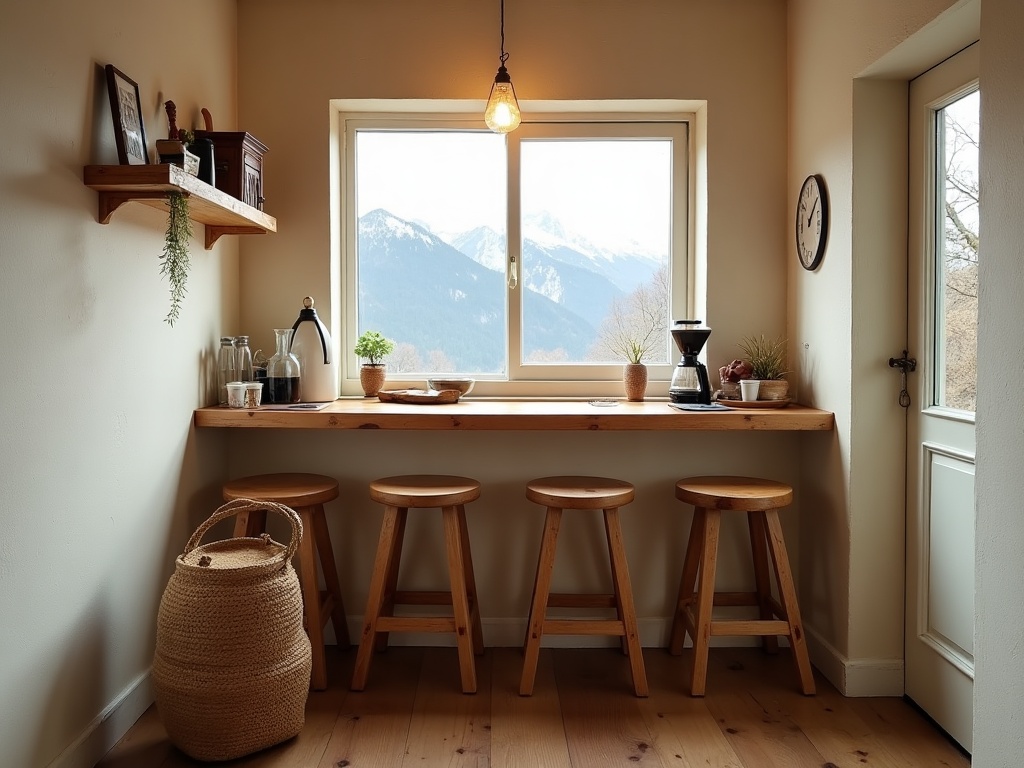 A small tasting bar with wooden stools at a reclaimed wood counter