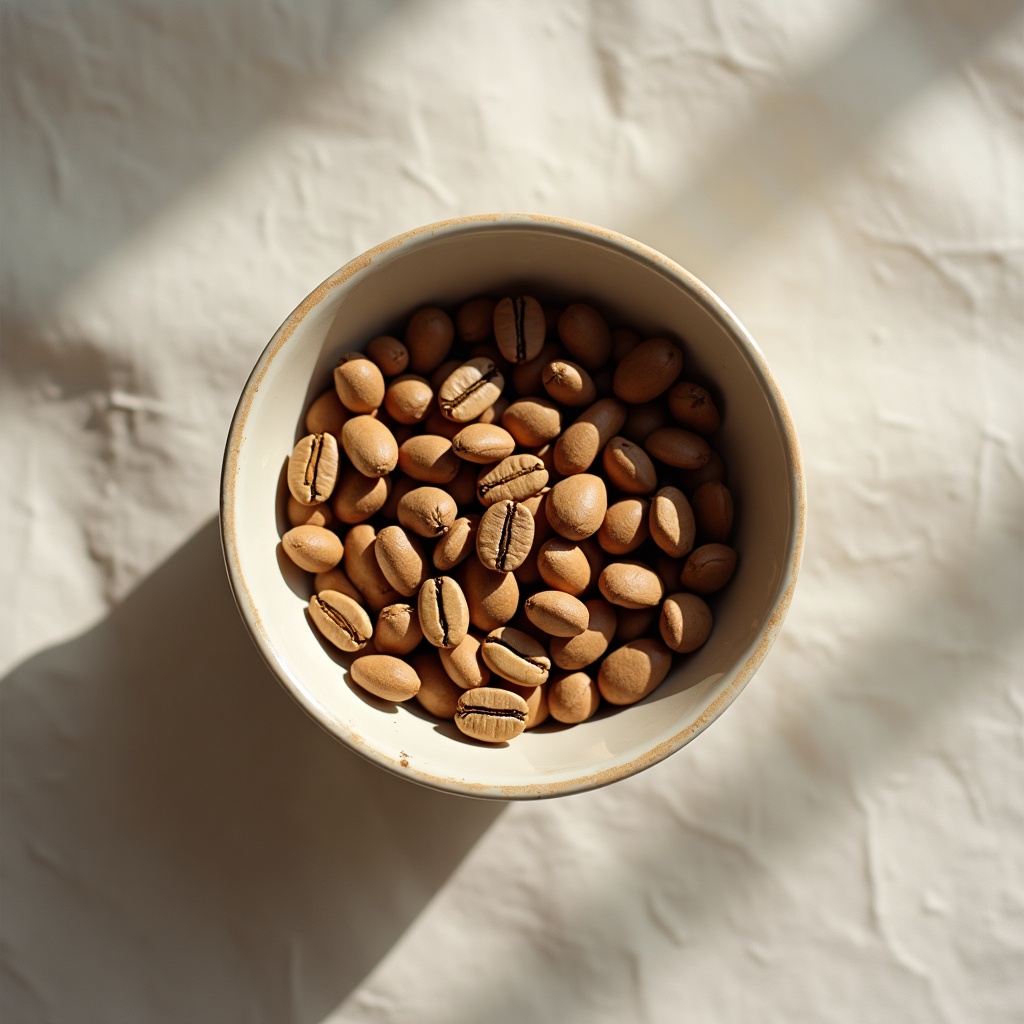 Pale cinnamon-brown light roast coffee beans in a cream ceramic bowl