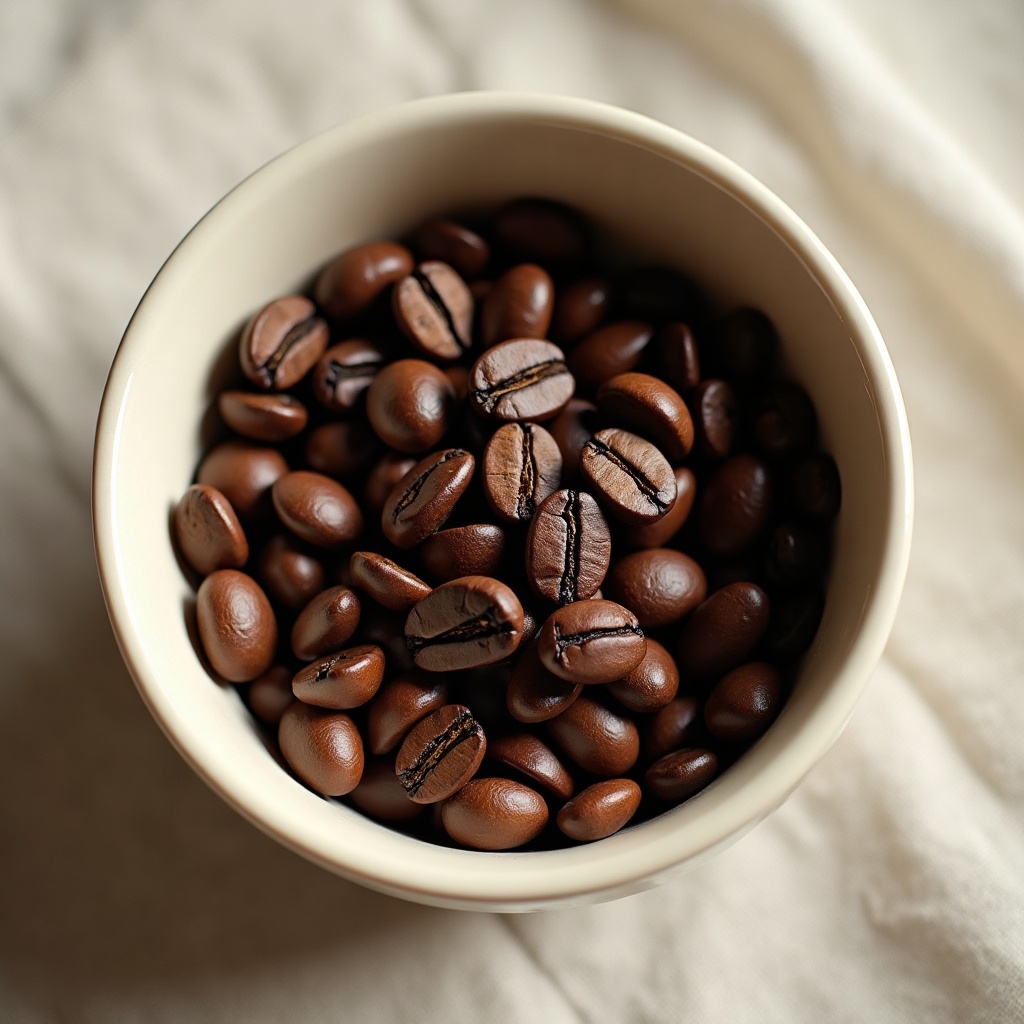 Deep espresso-brown dark roast coffee beans in a cream ceramic bowl