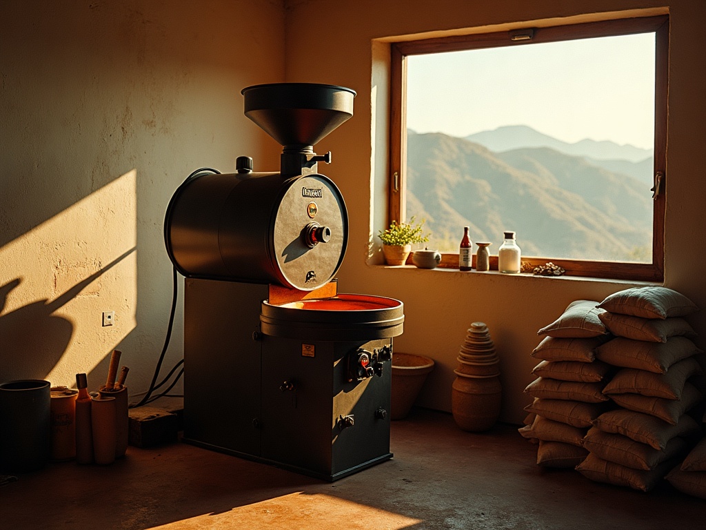 A small vintage drum coffee roaster glowing in a workshop with mountains through the window